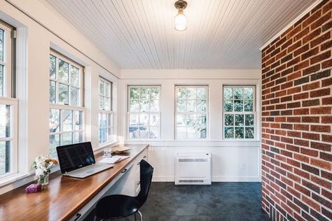 How to transform an unheated Minnesota porch into a comfortable home office - StarTribune.com Home Office Addition, Sunroom Office Ideas, Don't Procrastinate, Sunroom Office, Small Sunroom, Comfortable Home Office, Cedar Paneling, Three Season Porch, 4 Season Room