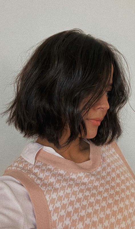 Short French Haircuts For Women, Short Cut Hair Plus Size, Layered Bob Hairstyles Dark Hair, Textured Bob Dark Hair, Healthy Hair Aesthetic Short, Wavy French Bob Without Bangs, Dark Brown French Bob, Short Dyed Brown Hair, Short Thick Dark Brown Hair