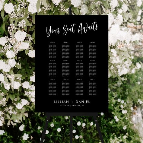 Black And White Seating Chart, White Minimalist Wedding, Wedding Seating Charts, Black And White Wedding Theme, Classic Elegant Wedding, White Wedding Theme, Black And White Minimalist, White Minimalist, Modern Seating