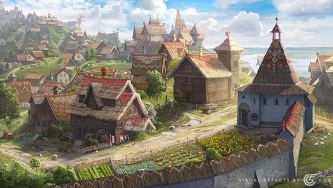 Fantasy Training Grounds Concept Art, Dnd Town Art, Fantasy Village Concept Art, Concept Art Village, Magic Village Art, Fantasy Town Art, Fantasy Village Art, Desert Village Concept Art, Fantasy City Concept Art