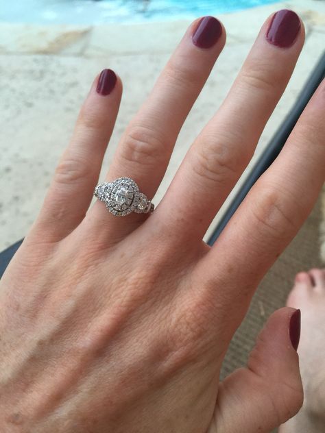 Oval engagement ring halo three stone Helzberg Oval Halo Engagement Ring, Cheap Engagement Rings, Oval Engagement, Twisted Band, Best Engagement Rings, Engagement Rings Oval, Halo Engagement Rings, Perfect Engagement Ring, Put A Ring On It