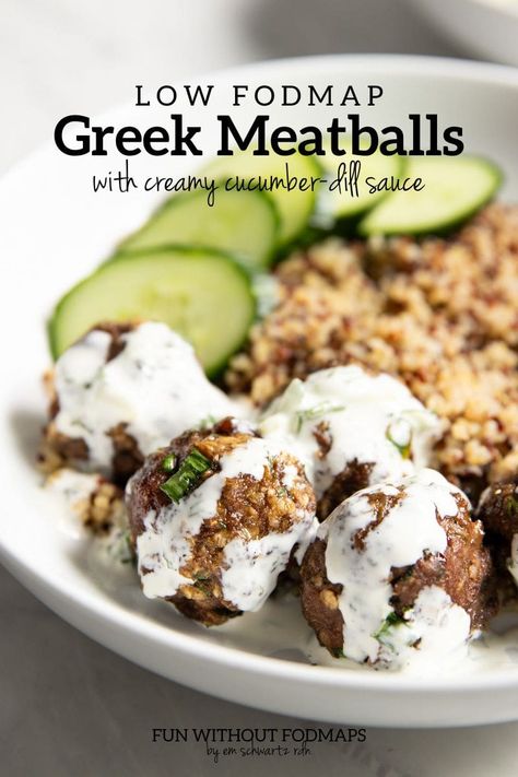 Low FODMAP Greek Meatballs with Creamy Cucumber Dill Sauce Fun Without FODMAPs Low Fodmap Frozen Meals, Low Fodmap Mediterranean Diet, Low Carb Low Fodmap Recipes, Low Fodmap Sheet Pan Dinners, Low Fodmap Zucchini Recipes, Low Fodmap Keto Recipes, Low Fodmap Comfort Food, Easy Low Fodmap Lunch Ideas, Low Food Map Recipes Fodmap Diet