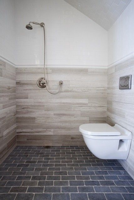 Shower/toilet combo - great idea when there is limited space Wood Tile Bathroom, Wet Room Bathroom, Ada Bathroom, Open Showers, Bad Inspiration, Wet Room, Bathroom Tile Designs, Tv Bracket, Wall Mounted Toilet