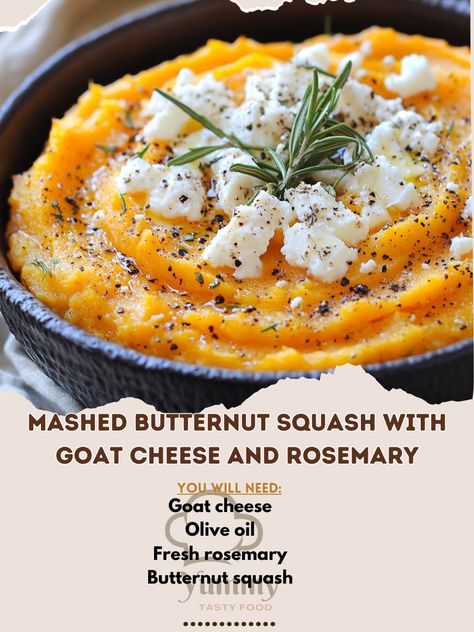 🎃 "Creamy, dreamy, and perfect for fall—Mashed Butternut Squash with Goat Cheese and Rosemary!" 🧀🍂 #ComfortFood #FallFlavors Mashed Butternut Squash with Goat Cheese and Rosemary Ingredients: Butternut squash, peeled and cubed (4 cups) Olive oil (2 tbsp) Goat cheese, crumbled (½ cup) Fresh rosemary, chopped (1 tsp) Butter (2 tbsp) Salt (to taste) Black pepper (to taste) Instructions: Preheat oven to 400°F (200°C). Toss squash cubes with olive oil, salt, and pepper. Spread squash on a baki... Butternut Squash With Goat Cheese, Mashed Butternut Squash, Fresh Rosemary, Thanksgiving Table, Goat Cheese, Butternut Squash, Black Pepper, Rosemary, Salt And Pepper