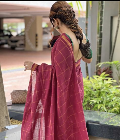 Saree hairstyling,braid and balayage French Braid Hairstyles For Saree, Traditional Braided Hairstyles, Single Braids Hairstyles, Traditional Skirts, Fishtail Braid Hairstyles, Single Braid, French Braids, Saree Poses, French Braid Hairstyles