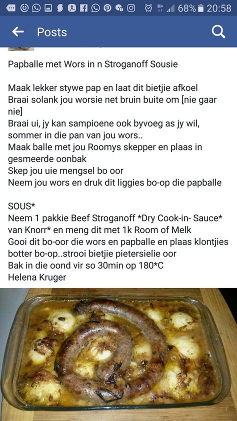 Wors Resepte, Rainy Recipes, Boerekos Resepte, Resepte Afrikaans, Pap Recipe, Quick Cheap Meals, Sausage Dishes, Family Food, Food Videos Cooking