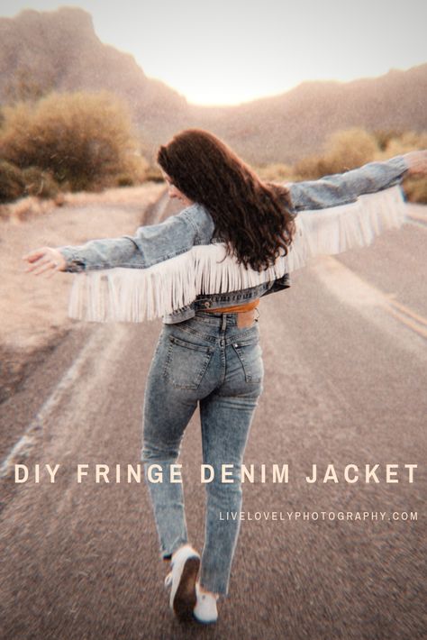 DIY Vintage Denim Fringe Jacket Tutorial | How to decorate a denim jacket | Live Lovely Photography | #roadtrip #roadtripoutfit #denimjacket #DIY #DIYdenimjacket #vintagedenimjacket #vintagedenim #lifestyleblogger #roadtripstyle #fashionblogger #vintagedenim #USA #DIYdenimjacket #fringejacket #fringe #Connecticutblogger #fashionstatement #jacket #denim #makeityourself #howto #decorate Add Fringe To Jean Jacket, Adding Fringe To Jean Jacket, Diy Fringe Denim Jacket, How To Add Fringe To A Jean Jacket, Decorating Denim Jackets, Jean Jacket Decorating Ideas, Fringe Denim Jacket Outfit, Fringe Jacket Diy, Diy Fringe Jacket