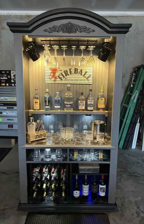 Repurposed Armoire Ideas Mini Bars, Diy Liquor Bar Ideas For Home, Homemade Bar Cabinet, Dresser Made Into Bar, Armoire Converted To Bar, Armoire Bar Ideas, Liquor Station Ideas, Turning A Dresser Into A Bar, Old Stereo Cabinet Into Bar