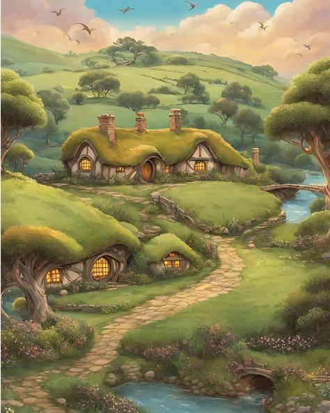 The Shire Art, Hobbit Quilt, Lotr Poster, Dnd Setting, Fairytale Kingdom, Hobbit Life, Hobbit Garden, Hobbit Holes, Hole Drawing