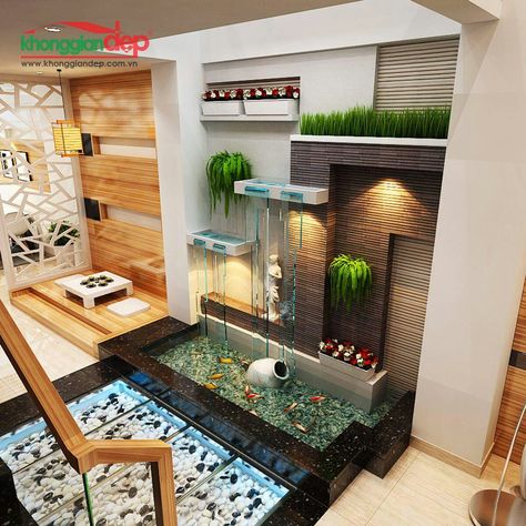 Wall Waterfall Indoor Interior Design, House Waterfall Water Fountains, Parking Tiles Design, Indoor Waterfall Wall, Kolam Air, Water Fountain Design, Roof Garden Design, Drawing Room Interior, Minecraft House Tutorials