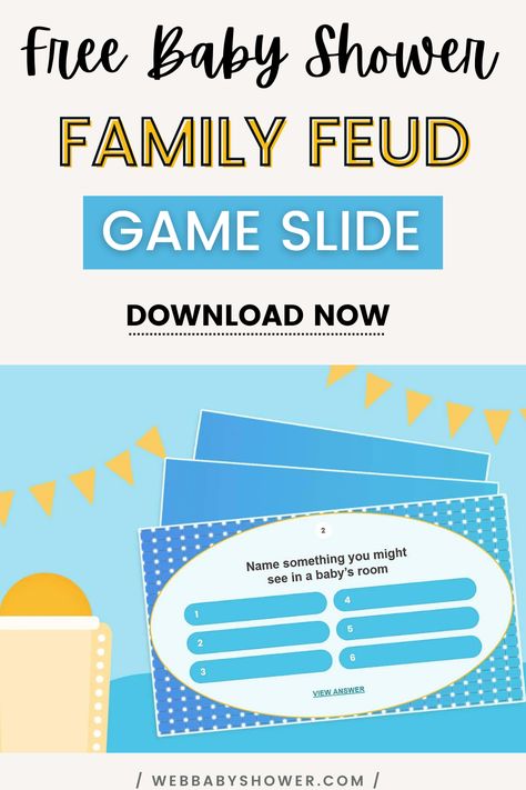 If you're looking for a fun virtual baby shower game to play, grab this free Baby Shower Family Feud Game Slides for a fun celebration! It's the perfect game for any kind of baby shower and guaranteed to be loved by all your guests. #freebabyshowergames #babyshowergameslides Baby Feud Game, Family Feud Baby Shower Game, Diy Family Feud, Baby Shower Family Feud, Baby Shower Questions, Online Baby Shower Games, Virtual Baby Shower Ideas, Nikki Baby, Virtual Baby Shower Games