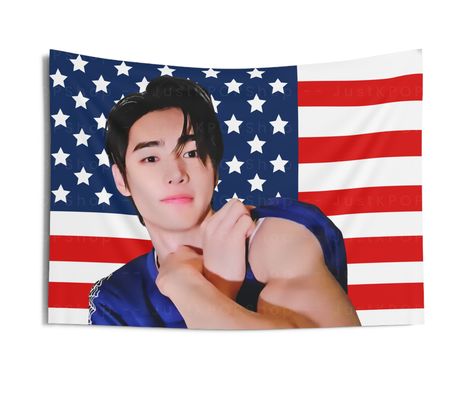 💙 Enhypen Sunghoon Blue Shirt American Tapestry  Hey Engenes! Ready to level up your room decor with some stunning visuals? 😍 Feast your eyes on the Enhypen Sunghoon Blue Shirt American Tapestry! This is a must-have for every fan who can't get enough of Sunghoon's captivating looks and flexing biceps! 💪🖤 Featuring the handsome Sunghoon in a blue shirt, with his slick black hair and flawless face card, this tapestry captures his mesmerizing presence perfectly! 🌟 Whether you're a dedicated En Jay Enhypen American Flag, Enhypen Red And Black, Blue Face, Sunghoon American Flag, Sunghoon Featured Photo, Jake American Flag, American Flag Shirt, Dark Moon, Flawless Face