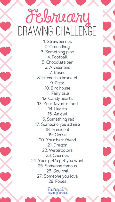 This February Drawing Challenge is perfect for kids and adults. Draw or Doodle through the month of February. This Challenge is full of February themes and topics like strawberries, football, Valentines, birds, love and more. Get ready to relax, find joy in each thing, and get your creativity flowing. #drawing #drawingchallenge February Drawing Challenge, Drawing Challenge For Kids, Football Valentines, February Themes, 30 Day Art Challenge, Art Journal Challenge, Mini Toile, 30 Day Drawing Challenge, Journal Challenge