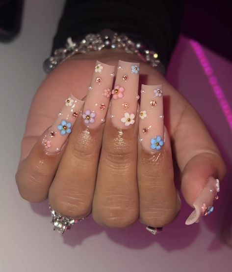 3d Flower Nails, Spring Acrylic Nails, Acrylic Press On Nails, Her Nails, Dope Nail Designs, Long Square Acrylic Nails, Gem Nails, Acrylic Nails Coffin Short, Short Acrylic Nails Designs