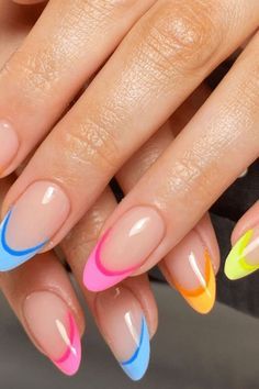 Color With French Tip Nails, Double French Color Nails, Double Layered French Tip Nails, Colorblock French Nails, Diff Color French Tip Nails, Nail French Colorful, Dual Color French Tip Nails, Nails With Just The Tips Painted, Cute French Manicure Nails