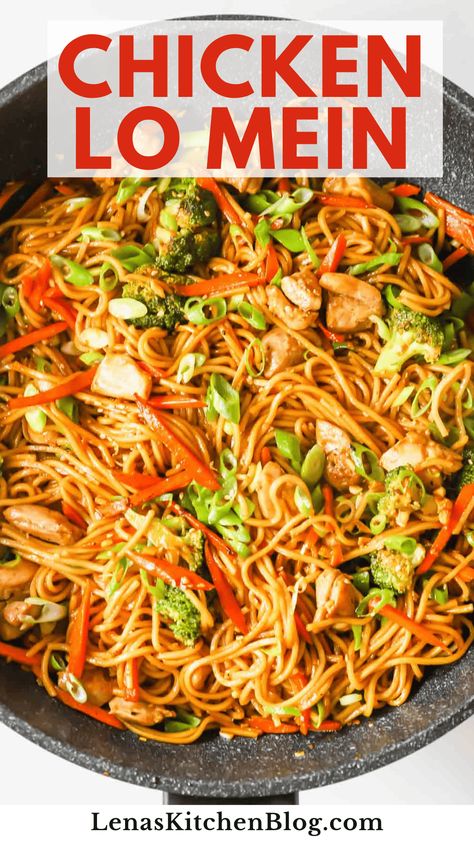 This Chicken Lo Mein is the ultimate comfort food, with its ultra-savory sauce, tender chicken bites, and perfectly cooked veggies. It only takes about 20 minutes to make and tastes so much better than takeout! Serve it with freshly chopped green onions and a sprinkle of sesame seeds for an easy weeknight dinner. Chicken Broccoli Lo Mein, Chicken Lo Mein Recipe Easy, Low Mein Recipe, Lo Mein Sauce, Top Ramen Recipes, Frozen Chicken Crockpot, Veggie Lo Mein, Chicken Lo Mein Recipe, Lazy Dinner