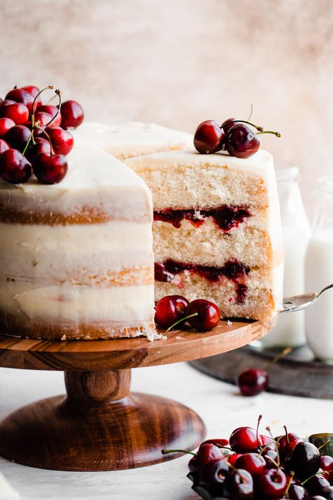 Whipped White Chocolate Ganache, White Almond Cake, Stephanie Simmons, White Forest Cake, Layer Cake Filling, Cream Cheese Buttercream Frosting, White Chocolate Shavings, Cream Cheese Buttercream, Cherry Filling