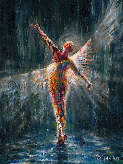 This painting is about overcoming obstacles, choosing to celebrate life, transformation, letting your spirit soar. It was painted intuitively, without a model, and the wings and rain were added as the painting progressed. Original art and prints are available Winged Woman, Figure Woman, Surrealism Abstract, Abstract Surrealism, Red Angel, Rain Painting, Life Transformation, Wings Art, Overcoming Obstacles