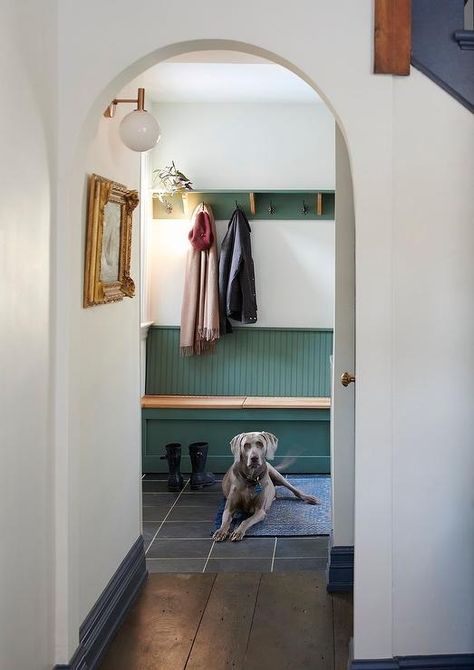 Green Mudroom Bench with Green Beadboard Trim - Transitional - Laundry Room Green Mudroom, Black Hexagon Floor, Green Beadboard, Beadboard Trim, Shiplap Trim, Green Shelf, Green Bench, Transitional Laundry Room, White Storage Bench