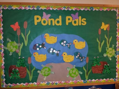 Pond Bulletin Board Preschool, Pond Bulletin Board, Turtle Bulletin Board, Water Preschool, Frog Bulletin Boards, Pond Life Theme, Daycare Bulletin Boards, April Bulletin Boards, Farm Classroom Theme