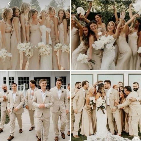 Champagne Bridesmaid Dresses Wedding Party, Wedding Colour Schemes Neutral, Monochromatic Wedding Party, Champagne And Khaki Wedding, Wedding Dresscode Ideas, Champagne Groomsmen Attire Color Schemes, Neutral Wedding Party Groomsmen, Champagne Wedding Theme Groomsmen, Champagne Wedding Party Groomsmen