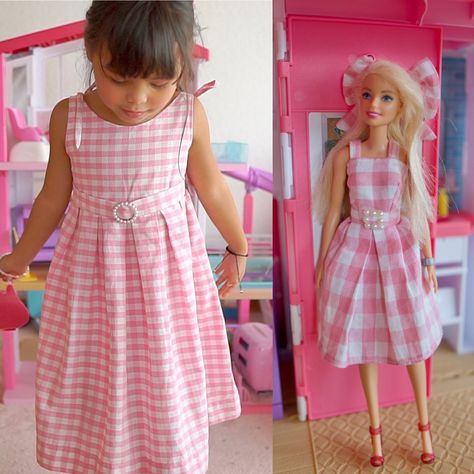 Vintage barbie dress, diy barbie dress, pink dress Gingham Barbie, Diy Barbie Dress, Vintage Barbie Dress, Barbie Movie, Barbie Movies, Pink Gingham, Barbie Dress, Inspired Dress, Vintage Barbie