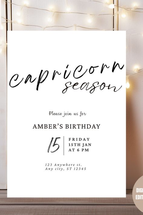 This is an editable 5x7 template. This template is the perfect design that you can use for any of your events or birthday parties because you can edit the text and change the colors. Sagittarius Birthday, Capricorn Birthday, Capricorn Season, Sagittarius Season, Birthday Party Invitation Templates, Birthday Party Invitations, Texts, Party Invitations, Invitation Template