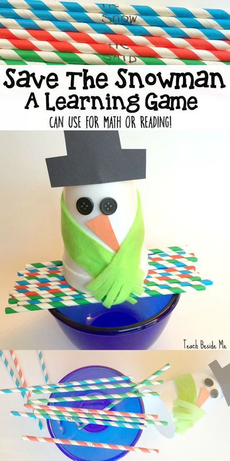 Save the Snowman- a Winter learning game for any subject (math, reading, ABC). Balance on the straws and pull each straw out one at a time.  via @karyntripp School Party Games, Snowman Games, Steam Kids, Snowmen Activities, Snow Theme, Winter Classroom, Winter Kindergarten, Winter Activities For Kids, Winter Schnee