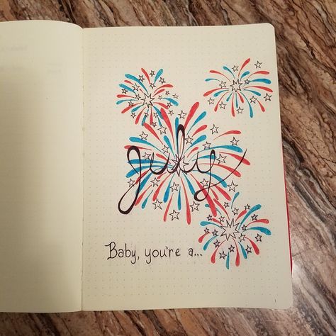 July Doodles Bullet Journal, Fourth Of July Doodles, July Doodles, Month Bullet Journal, July Bullet Journal, July Month, Bullet Journal Notes, Bullet Journal Design Ideas, Bullet Journal Inspo