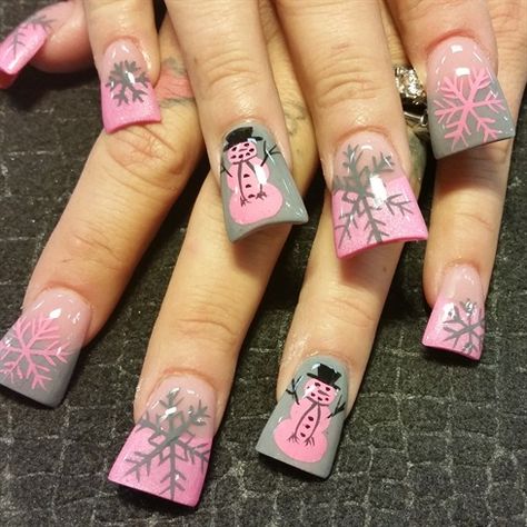 Pink winter wonderland by Oli123 Mcbling Christmas Nails, 2000s Christmas Nails, Winter Y2k Nails, Christmas Y2k Nails, Christmas Duck Nails, Duckfeet Nails, Y2k Christmas Nails, Winter Wonderland Nails, Holidays Nails