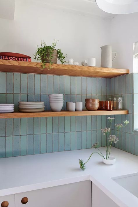 Kitchen With Upper Cabinets, Hexagon Tile Kitchen Floor, Hexagon Tile Kitchen, Green Tile Backsplash, Backsplash Inspiration, Washing Walls, Brick Backsplash, Fireclay Tile, Studio Kitchen