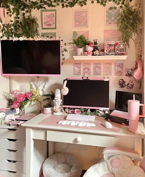 Dream Setup, Desk Setups, Hello Kitty Rooms, Desk Inspo, Kawaii Room Decor, Dream Apartment Decor, Study Room Decor, Computer Room, Grunge Room