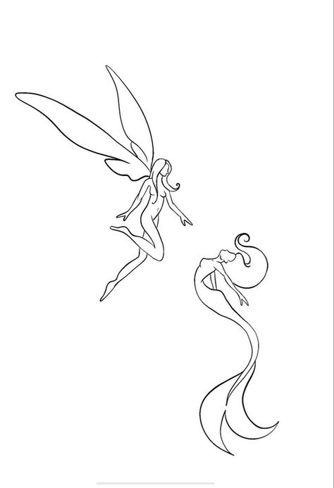 Small Tattoos For Back Of Arm, Line Art Matching Tattoos, Fairy And Mermaid Tattoo Simple, Tattoo On Torso For Women, Youre Okay Tattoo, Matching Tattoos Fairy, Line Work Fairy Tattoo, Easy Fairy Tattoo, H20 Just Add Water Tattoo