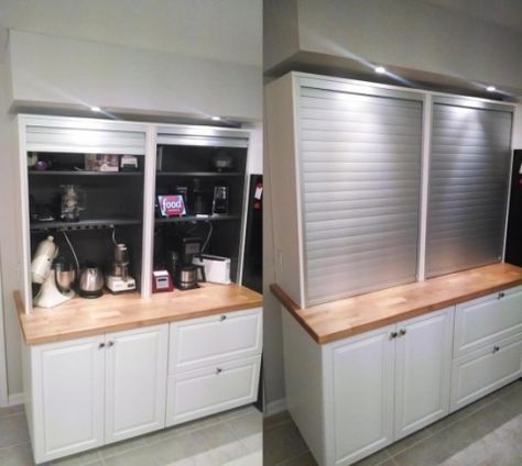 appliance garage ikea hack kitchen galant roll-front cabinet Garage Cabinets Ikea, Kitchen Appliance Garage, Ikea Galant, Ikea Storage Cabinets, Kitchen Cabinets For Sale, Appliance Garage, Ikea Kitchen Cabinets, Appliances Storage, Ikea Hackers