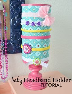 DIY Baby Headband Holder Tutorial - made from a oatmeal canister! Diy Baby Headband Holder, Baby Headband Holder, Oatmeal Canister, Baby Headband Holders, Diy Headband Holder, Headband Holders, Diy Baby Headband, Diy Baby Headbands, Headband Holder