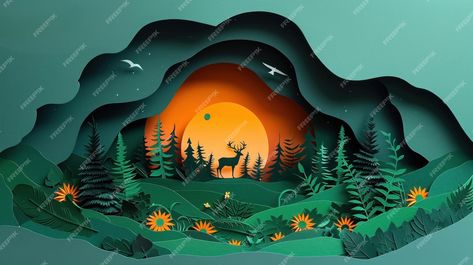 Premium Photo | Paper cut art Green forest and deers wildlife with nature background ecology and environment conservation concept Paper Cut Forest, Environment Conservation, Art Deco Logo, Paper Landscape, Paper Cutouts, Birthday Art, Nature Background, Art Green, Green Forest