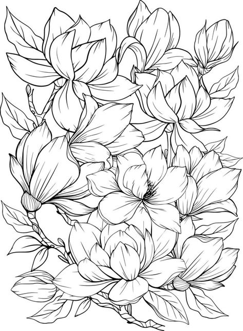 Coloring page with magnolia and leaves. Vector page for coloring. Flower Colouring page. Outline magnolia . Black and white page for coloring book. Anti-stress coloring. Line art flowers Magnolia Black And White, Flower Colouring Pages, Flower Colouring, White Page, Magnolia Colors, Leaf Coloring Page, Line Art Flowers, Colouring Page, Leaves Vector