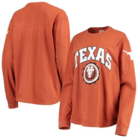 Show everyone around how devoted you are to the Texas Longhorns by wearing this Edith T-shirt from Pressbox. It features low-puff Texas Longhorns graphics with a raised look and feel and thumbholes to help keep the sleeves in place. The rounded hem will also give this stylish tee a more comfortable design. Brand: Pressbox Crew neck Imported Long sleeve Low-puff screen print graphics Machine wash with garment inside out, tumble dry low Material: 100% Cotton Officially licensed Rounded hem with si Low Puff, Orange Texas, Texas Longhorns, Side Splits, Tshirts Online, Screen Print, Shirt Online, Boy's Clothing, Womens Clothing Tops