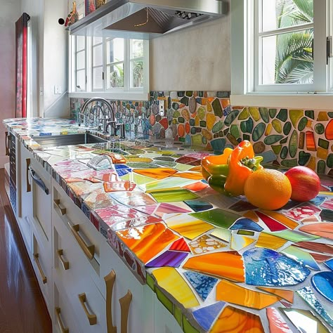 Colorful Kitchen Inspiration, Decorative Countertop Ideas, Mediterranean Kitchen Design Rustic, Colorful Countertops, Mosaic Countertop, Living Room With Color, Colorful Eclectic Kitchen, Colored Living Room, Colorful Kitchen Ideas