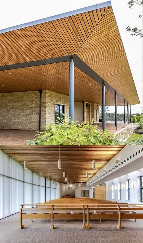 A solid wood Hunter Douglas Architectural ceiling and external canopy was the natural choice for a modern, purpose-built crematorium, which nestles in a tranquil waterside setting.  Aylesbury Vale Crematorium, in Aylesbury, Buckinghamshire, comprises a 90-seater chapel, which is furnished in oak and has standing room for up to 200 mourners. Wood Canopy Architecture, Arch Board, Architectural Ceiling, Douglas Wood, Wood Canopy, Canopy Architecture, Timber Slats, Timber Ceiling, Wood Ceiling