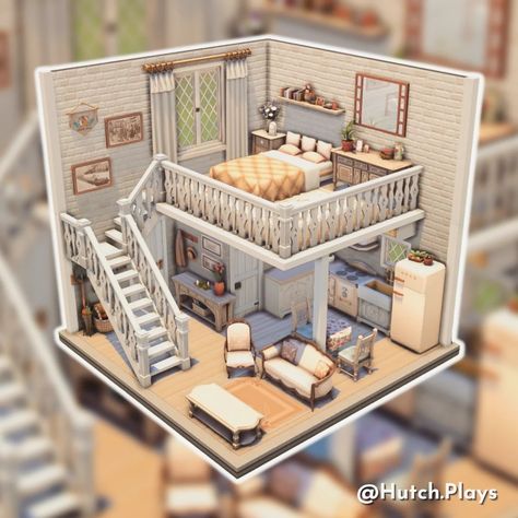 Sims 4 Apartment Building Layout, Loft Ideas Sims 4, Sims 4 Loft Interior, Sims 4 Loft House Outside, Sims 4 Base Game Loft House, Sims 4 Loft Base Game, Tiny Loft Sims 4, Sims 4 Loft, Mini Apartments