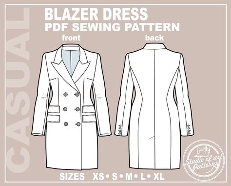 PATTERN BLAZER DRESS. Sewing Pattern Blazer Dress. Digital - Etsy Blazer Stitching Pattern, Blazer Dress Pattern, Homemade Wardrobe, Blazer Sewing Pattern, Blazer Pattern, Workout Beginner, Plus Size Blazer, Romper Pattern, Jacket Pattern Sewing