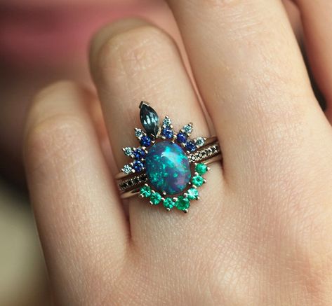 Black Opal Wedding Ring, Opal Wedding Ring Set, Gem Rings, Opal Engagement Ring Set, Emerald Wedding Band, Black Opal Ring, Opal Wedding, Opal Wedding Rings, Estate Rings