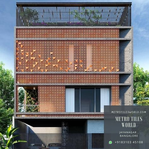 Terracota Jali Elevation, Jalli Design, 3d Bedroom, Jayanagar Bangalore, Interior Design Basics, House Facades, Front Elevation Designs, Modern House Facades, Elevation Design