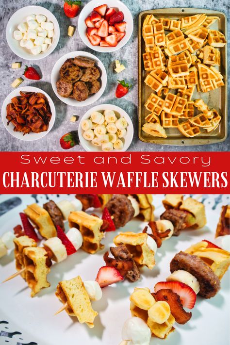 Charcuterie waffle skewer ingredients and finished skewers on a platter to serve with a delicious blend of savory and sweet flavors, perfect for brunch or parties Waffle Bites Appetizers, Waffle Appetizer Mini, Chicken And Waffle Charcuterie Board Ideas, Waffle On A Stick Ideas, Waffle Charcuterie Board Ideas, Waffle Board Ideas, Waffle Station Brunch Party, Waffle Flavor Ideas, Waffle Kabobs