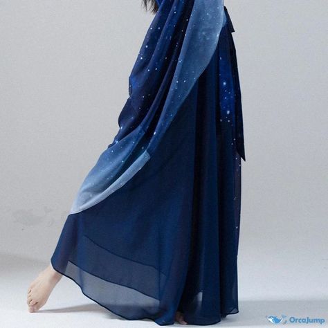 Orcajump - Starry Sky Gradient Chiffon Dance Costume with High Waist and Flowy Maxi Skirt in Blue - Contemporary Dance Attire Sun Inspired Dress, Air Nomad Aesthetic, Dark Blue Flowy Dress, Glow In The Dark Outfits, Celestial Woman, Sky Outfit, Sunmer Dresses, Sky Gradient, Flowy Clothing