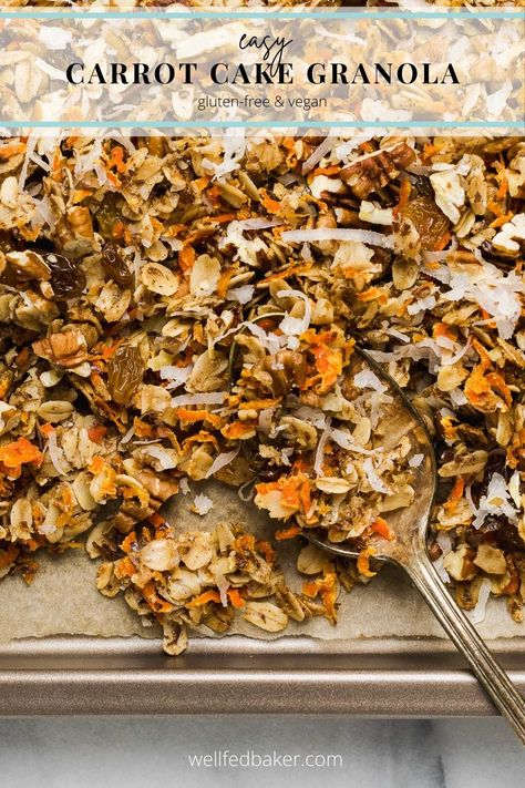 Easy carrot cake granola. It's filled with all the flavors of carrot cake without all the indulgence. Perfect served over yogurt! Carrot Cake Granola, Recipe Carrot Cake, Gluten Free Snacks Recipes, Granola Snacks, Easy Granola Recipe, Maple Granola, Flax Meal, Easy Granola, Gluten Free Carrot Cake