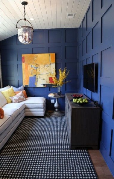 I like the painted paneling. 7 Smart Design Ideas from the HGTV Smart Home Small Den Design, Small Den Ideas With Tv, Small Dens, Planked Ceilings, Small Den Ideas, Gaming Loft, Small Media Rooms, Tv Den, Small Tv Room