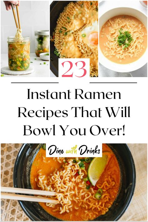 Collage of 4 instant ramen recipes. Creative Ramen Noodle Recipes, Recipes To Make With Ramen Noodles, Ramen Noodle Recipes For One, Cooking With Ramen Noodles, Ramen With Potstickers, Elevated Top Ramen, Best Ramen Recipe Easy, How To Elevate Instant Ramen, Package Ramen Noodle Recipes