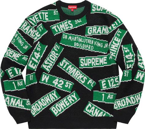 Supreme Street Signs Sweater Supreme Sweater, Spring Sweater, The Supreme, Knit Pattern, Street Signs, 404 Page Not Found, Stylish Sneakers, Knit Patterns, Fashion Tees